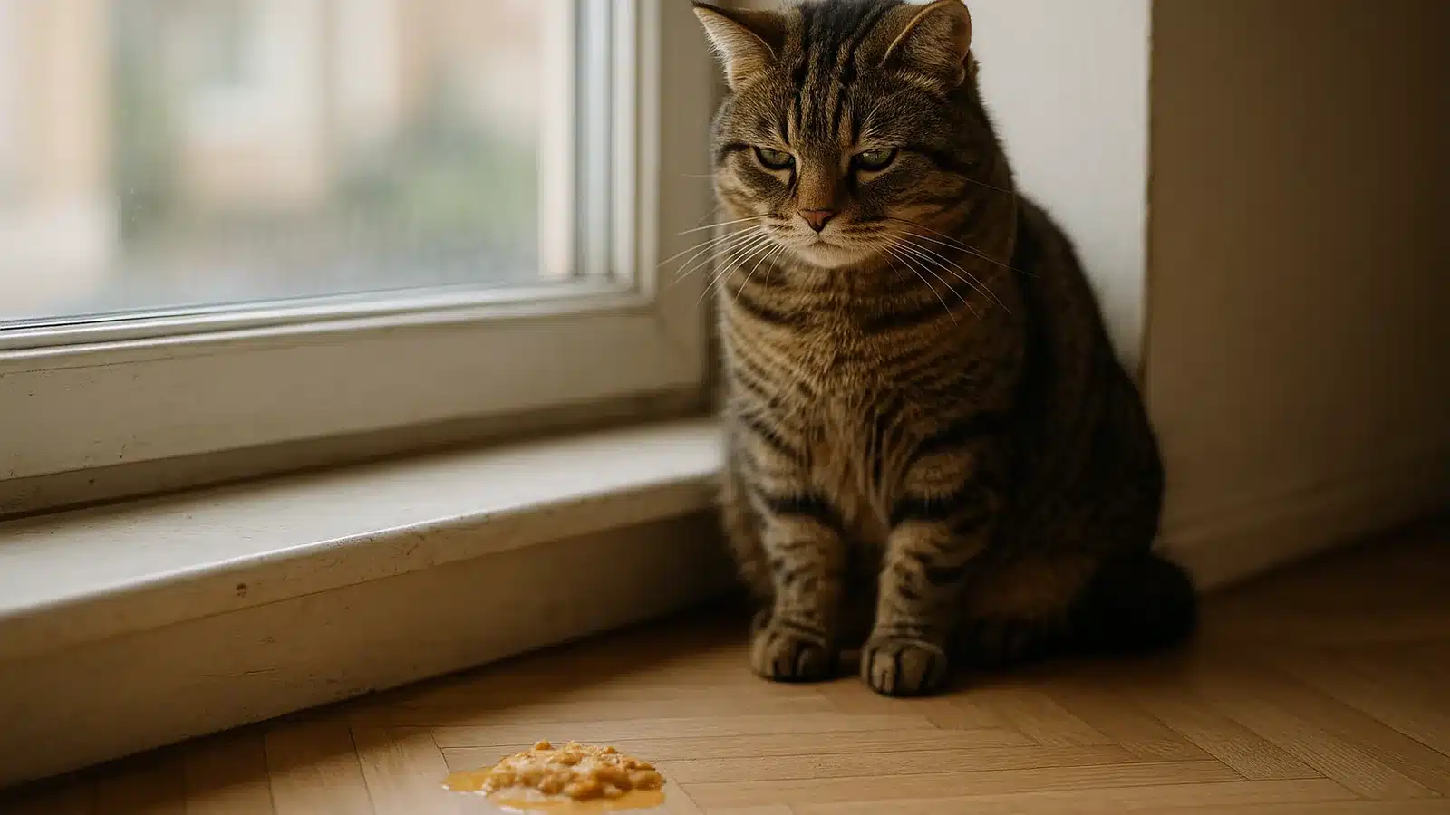 Tabby cat sitting by a window looking unwell next to a pile of vomit